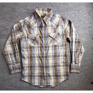High Noon Mens Shirt M Flannel Plaid‎ Pearl Snap Western Long Sleeve Rodeo